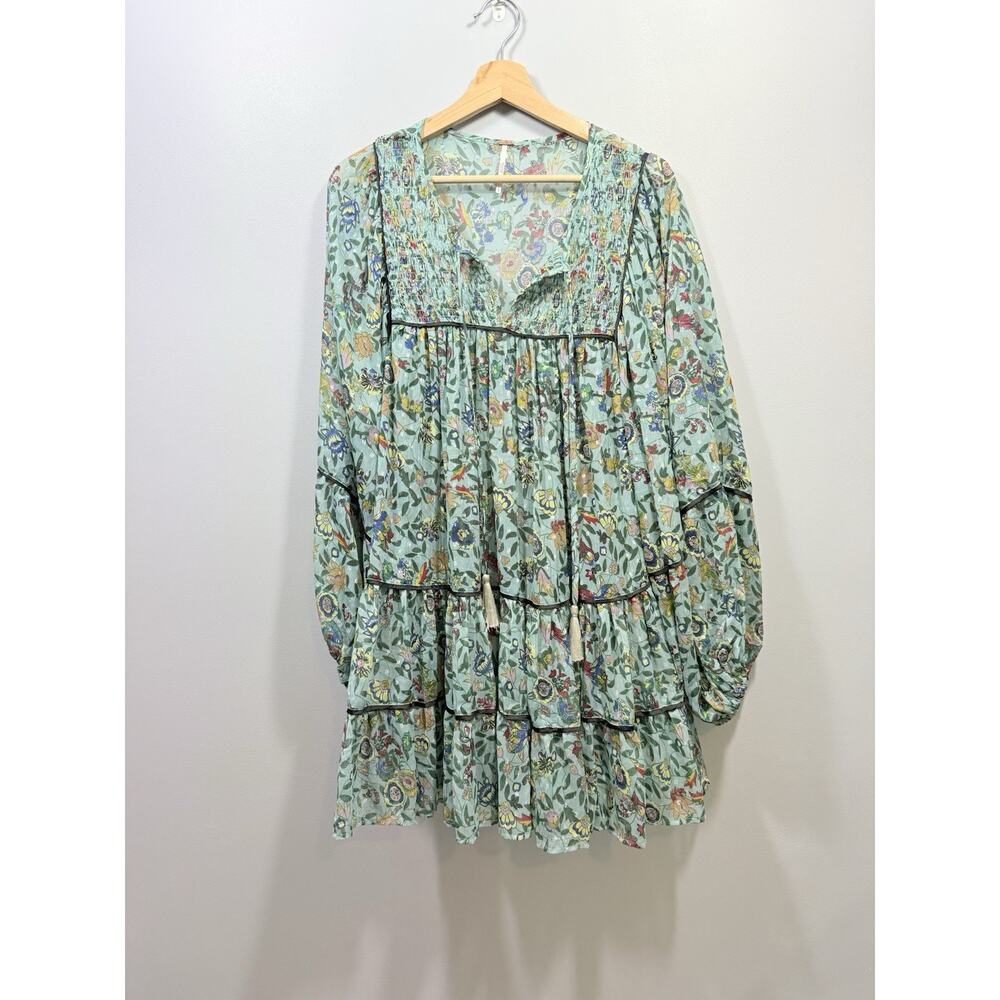 Free People Green Multicolor Floral Smocked Boho Fall Balloon Sleeve Mini L - Picture 3 of 9